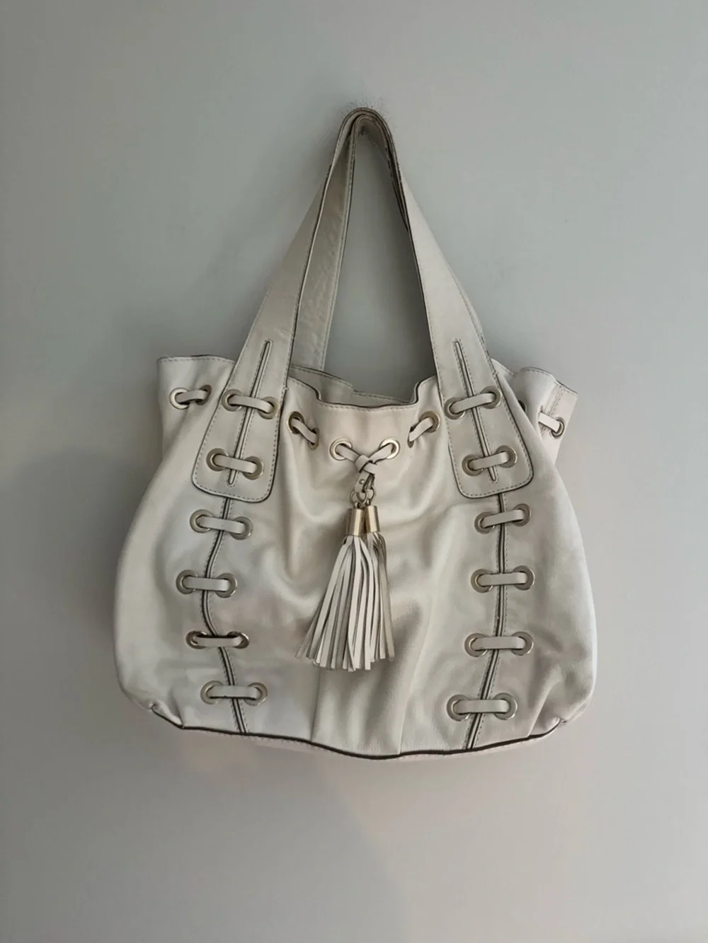 Michael Kors Off-White Leather Hobo with Tassel and Whipstitch
